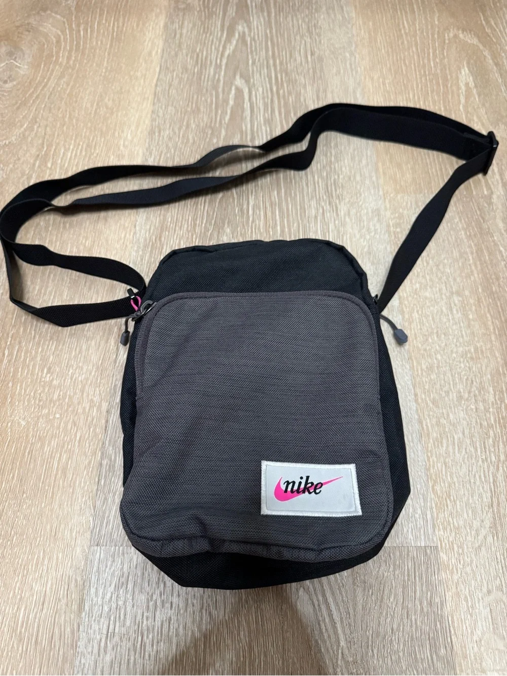 Nike Black and Gray Messenger Bag with Pink Logo Accent